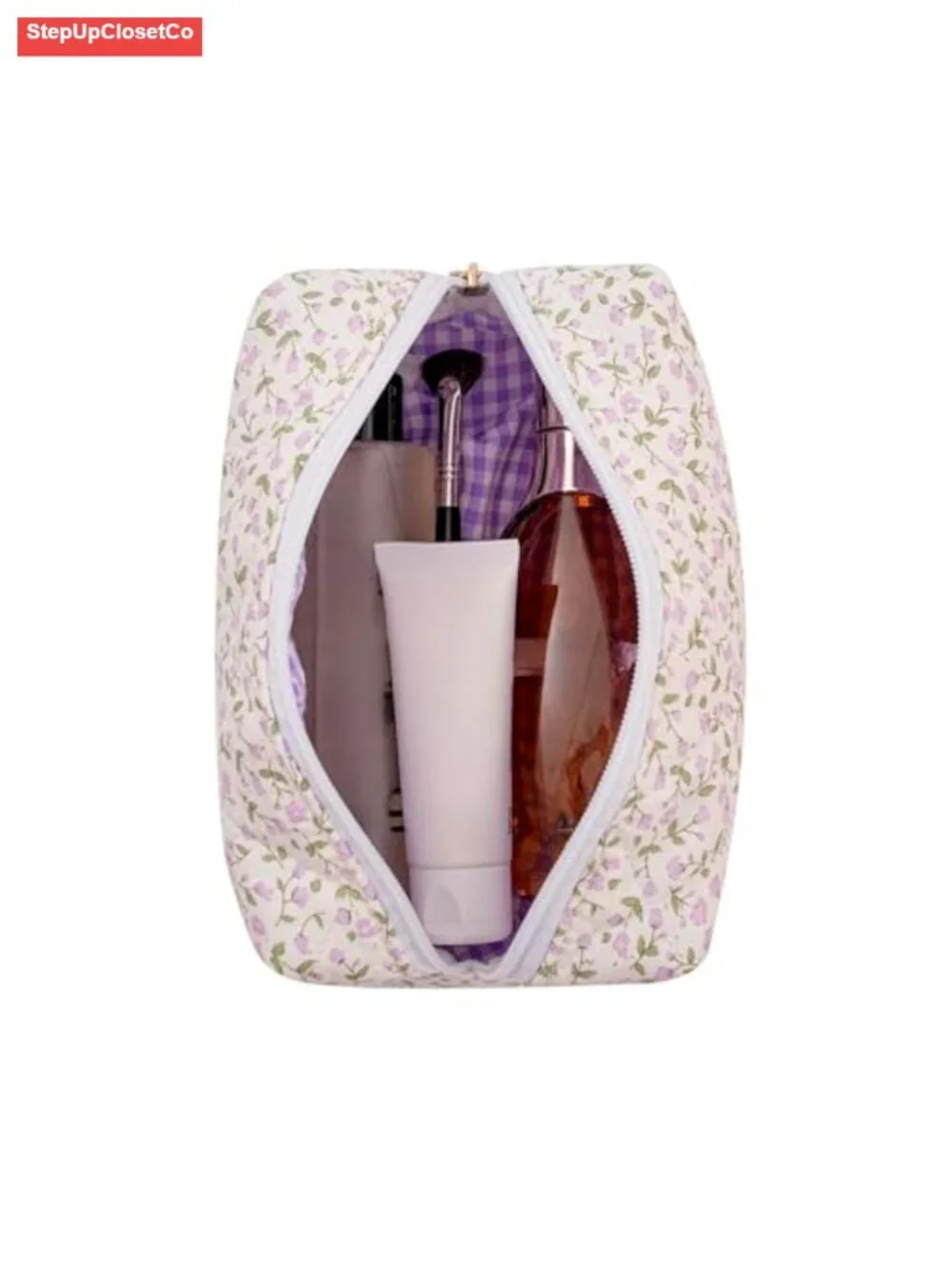 Quilted Cotton Floral Cosmetic Bag Small Travel Toiletry Pouch